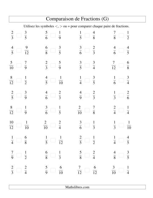 Comparaison de Fractions jusqu'aux Douzièmes (sans 7es ou 11es) (G)
