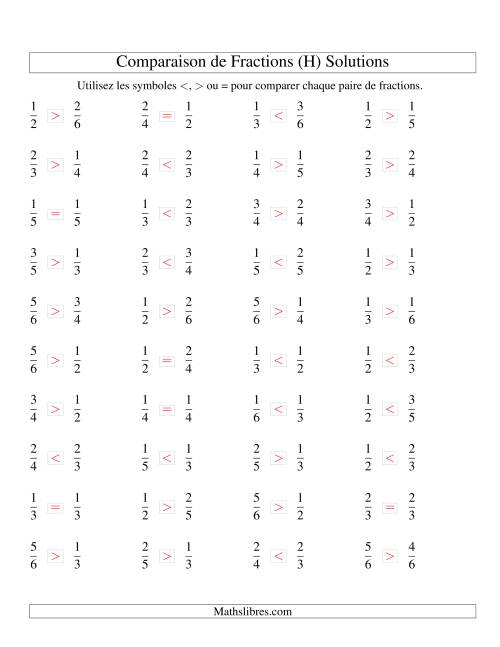 Comparaison de Fractions jusqu'aux Sixièmes (H) page 2