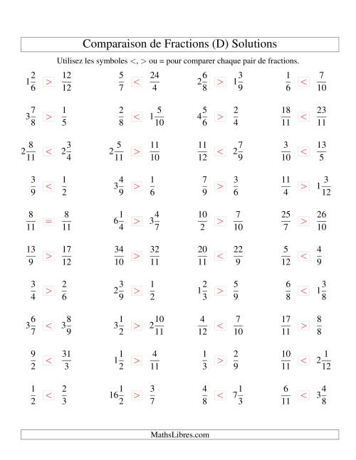 Comparaison de Fractions Mixtes -- Dénominateur jusqu'aux 12ièmes (D) page 2