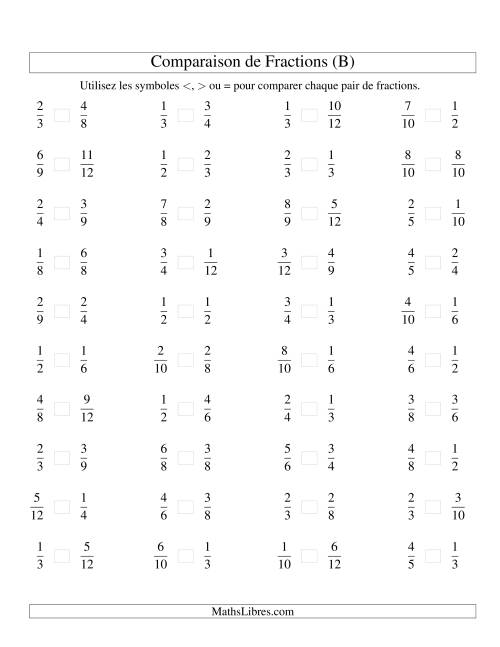 Comparaison de Fractions Propres -- Dénominateur jusqu'aux 12ièmes -- Sans 7ièmes ni 11ièmes (B)