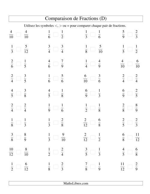 Comparaison de Fractions Propres -- Dénominateur jusqu'aux 12ièmes -- Sans 7ièmes ni 11ièmes (D)
