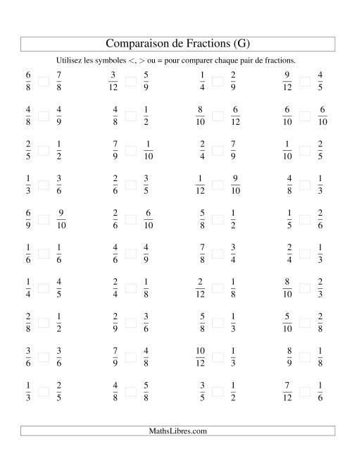 Comparaison de Fractions Propres -- Dénominateur jusqu'aux 12ièmes -- Sans 7ièmes ni 11ièmes (G)