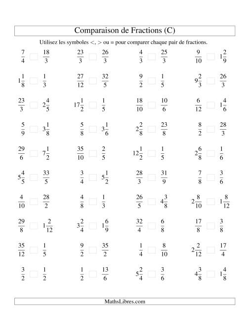 Comparaison de Fractions Mixtes -- Dénominateur jusqu'aux 12ièmes -- Sans 7ièmes ni 11ièmes (C)