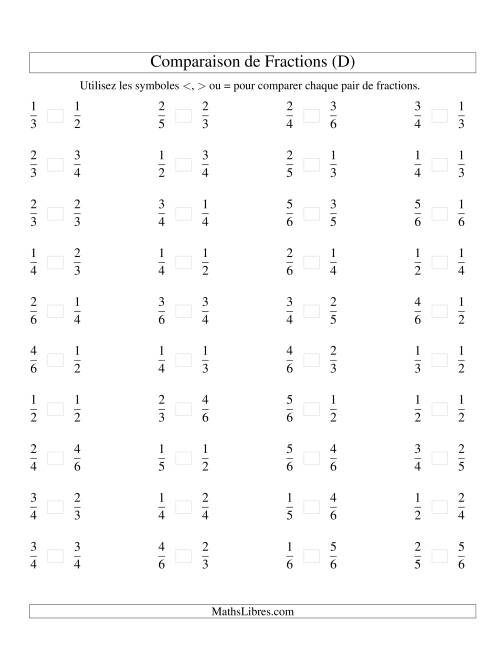 Comparaison de Fractions Propres -- Dénominateur jusqu'aux 6ièmes (D)