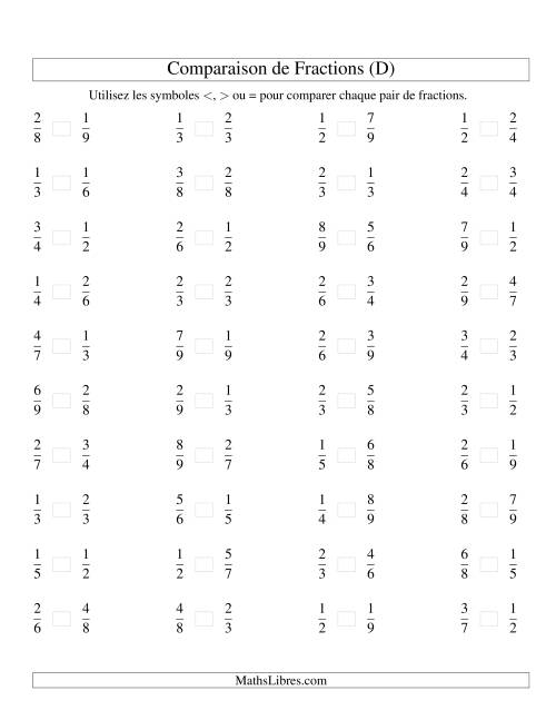 Comparaison de Fractions Propres -- Dénominateur jusqu'aux 9ièmes (D)