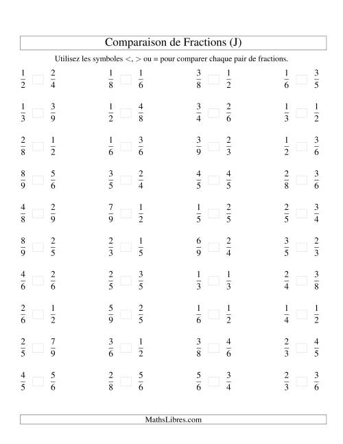 Comparaison de Fractions Propres -- Dénominateur jusqu'aux 9ièmes -- Sans 7ièmes (J)