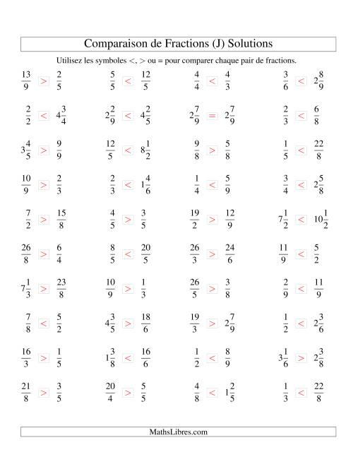 Comparaison de Fractions Mixtes -- Dénominateur jusqu'aux 9ièmes -- Sans 7ièmes (J) page 2
