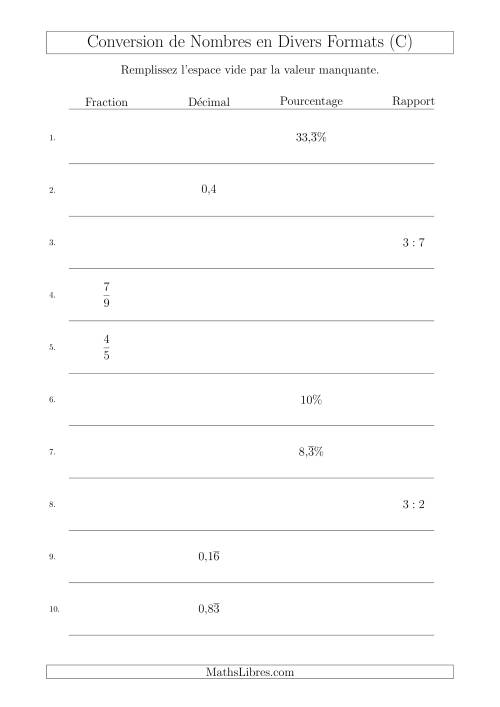 Conversion entre Fractions, Nombres Décimaux, Pourcentages et Rapports (C)