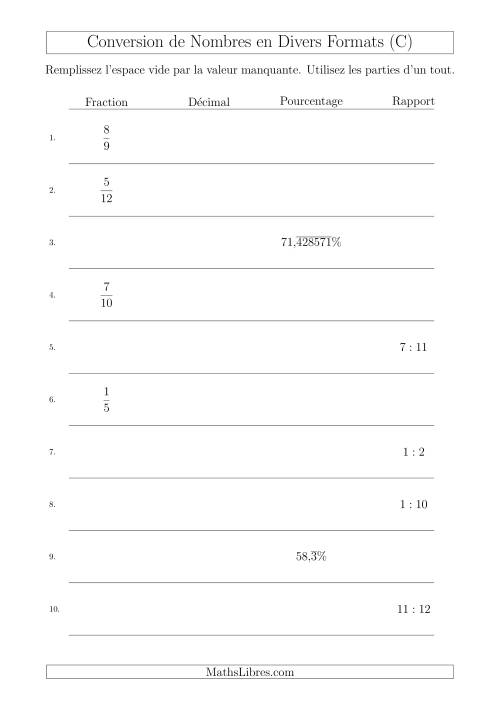 Conversion entre Fractions, Nombres Décimaux, Pourcentages et Rapports de Parties d'un Tout avec des 7èmes et 11èmes (C)