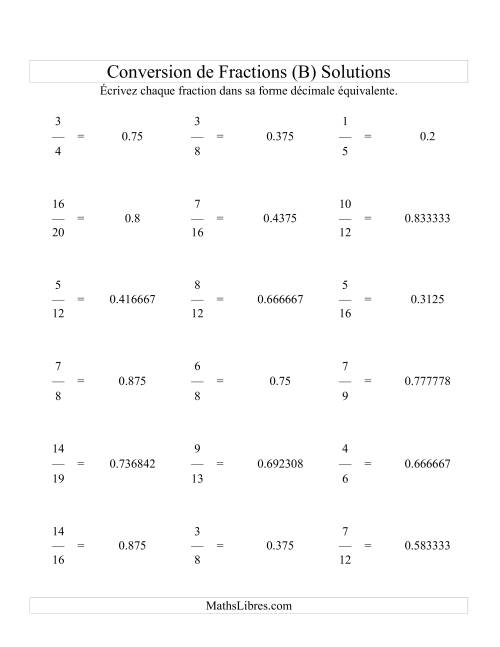 Conversion de Fractions en Nombres Décimaux (B) page 2