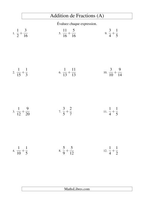 Addition de Fractions (Difficile) (A)