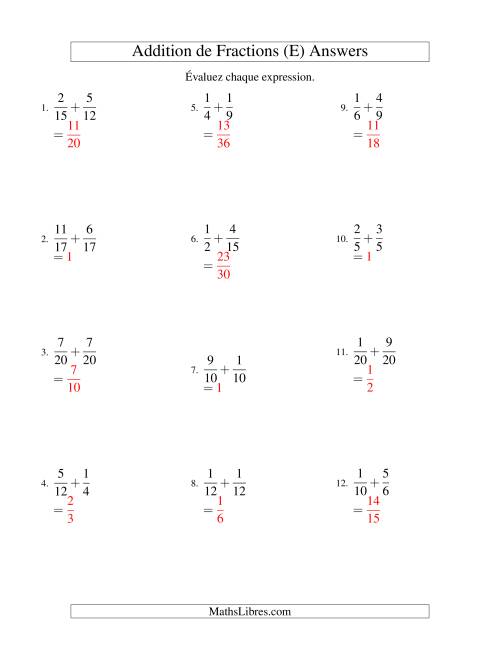 Addition de Fractions (Difficile) (E) page 2