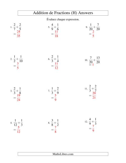Addition de Fractions (Difficile) (H) page 2