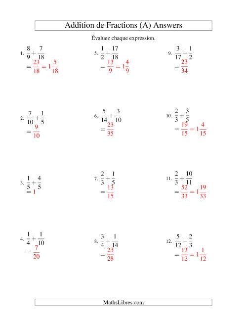 Addition de Fractions avec des Dénominateurs Différents & Résultantes Mixtes (A) page 2
