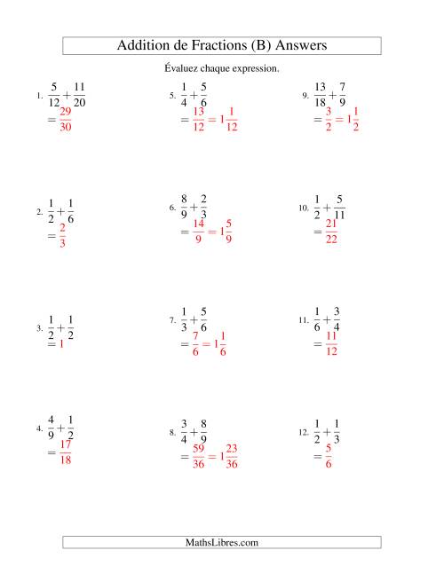 Addition de Fractions avec des Dénominateurs Différents & Résultantes Mixtes (B) page 2