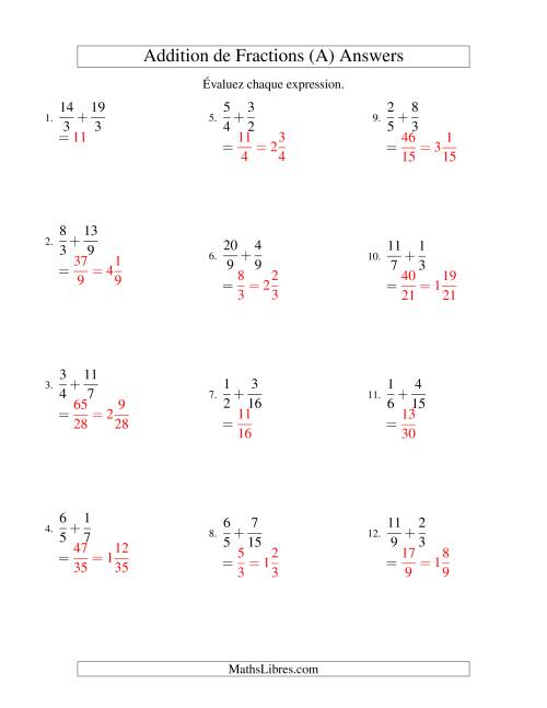 Addition de Fractions Impropres (Difficiles) (A) page 2