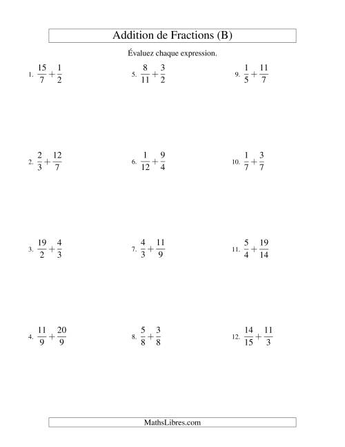 Addition de Fractions Impropres (Difficiles) (B)