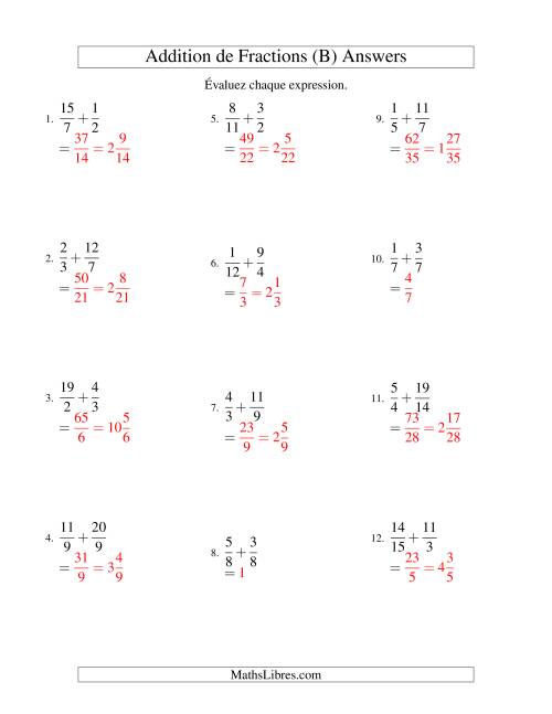 Addition de Fractions Impropres (Difficiles) (B) page 2