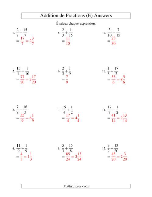 Addition de Fractions Impropres (Difficiles) (E) page 2