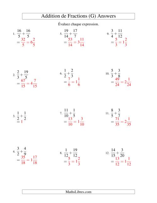 Addition de Fractions Impropres (Difficiles) (G) page 2