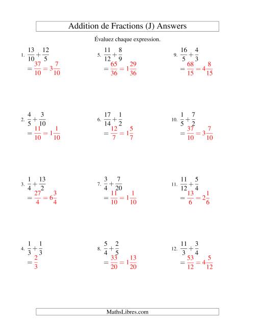 Addition de Fractions Impropres (Difficiles) (J) page 2