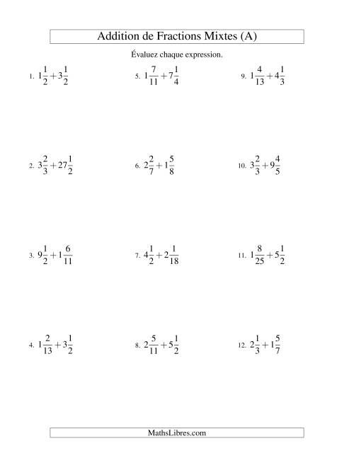 Addition de Fractions Mixtes (Difficiles) (A)