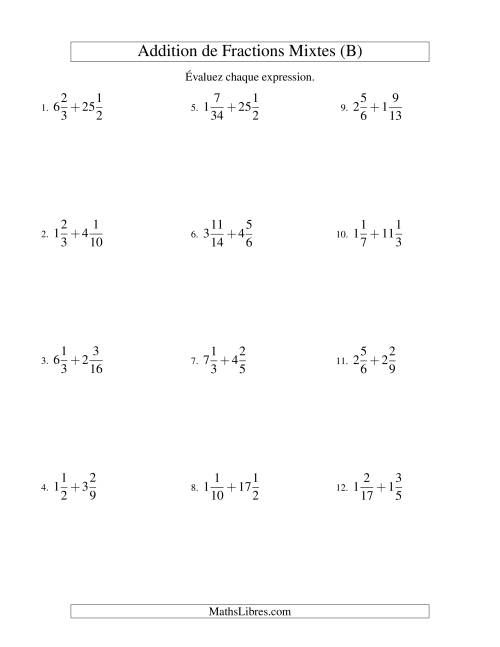 Addition de Fractions Mixtes (Difficiles) (B)