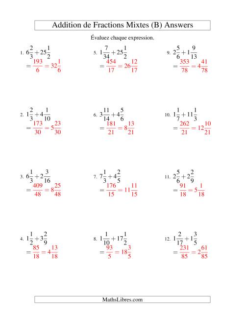 Addition de Fractions Mixtes (Difficiles) (B) page 2