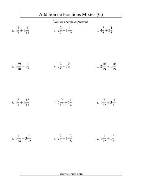 Addition de Fractions Mixtes (Difficiles) (C)