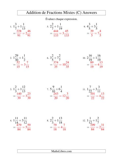 Addition de Fractions Mixtes (Difficiles) (C) page 2