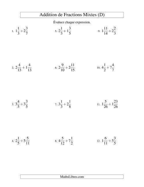 Addition de Fractions Mixtes (Difficiles) (D)