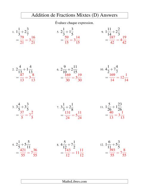 Addition de Fractions Mixtes (Difficiles) (D) page 2