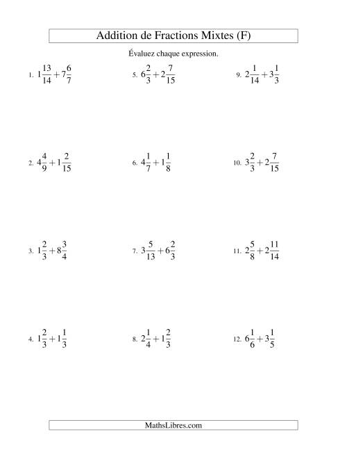 Addition de Fractions Mixtes (Difficiles) (F)