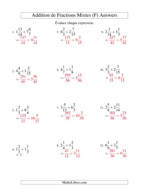 Addition de Fractions Mixtes (Difficiles) (F) page 2