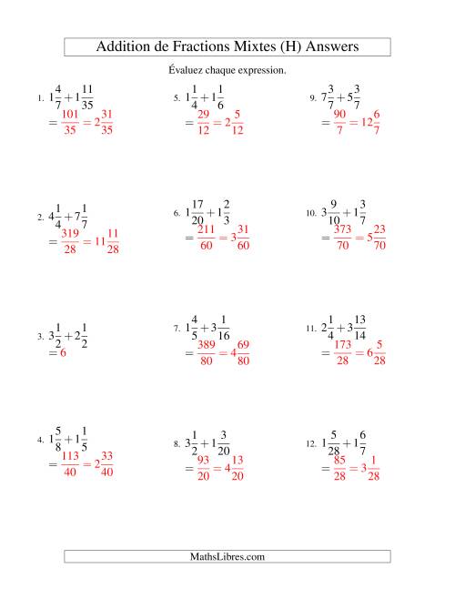 Addition de Fractions Mixtes (Difficiles) (H) page 2