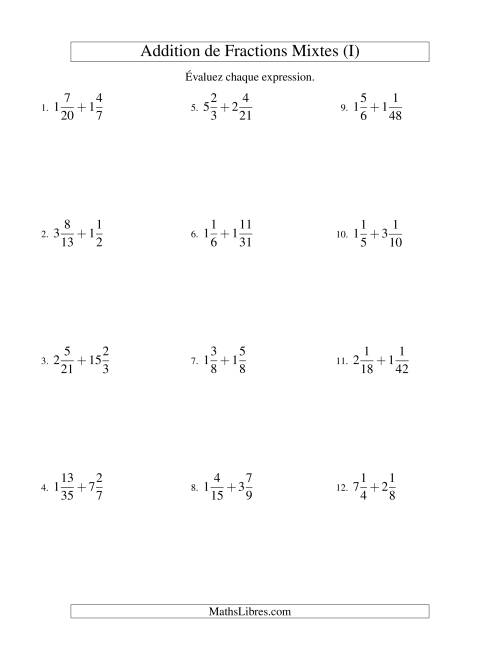 Addition de Fractions Mixtes (Difficiles) (I)