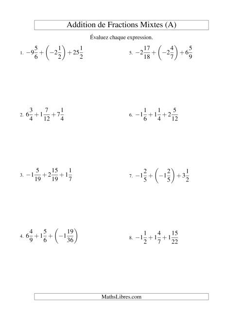 Addition de Fractions Mixtes (Super défi) (A)