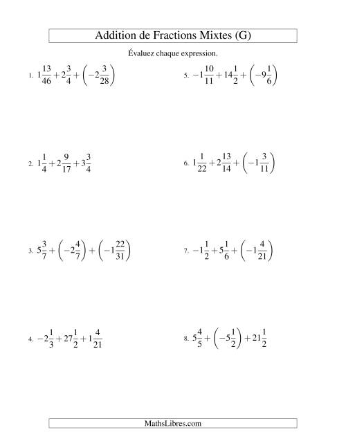 Addition de Fractions Mixtes (Super défi) (G)