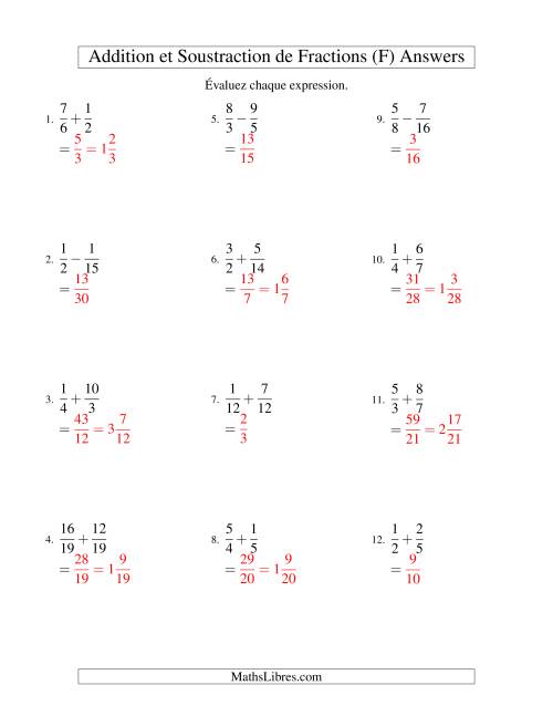 Addition et Soustraction de Fractions (F) page 2