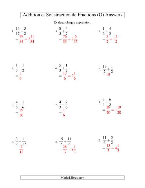 Addition et Soustraction de Fractions (G) page 2