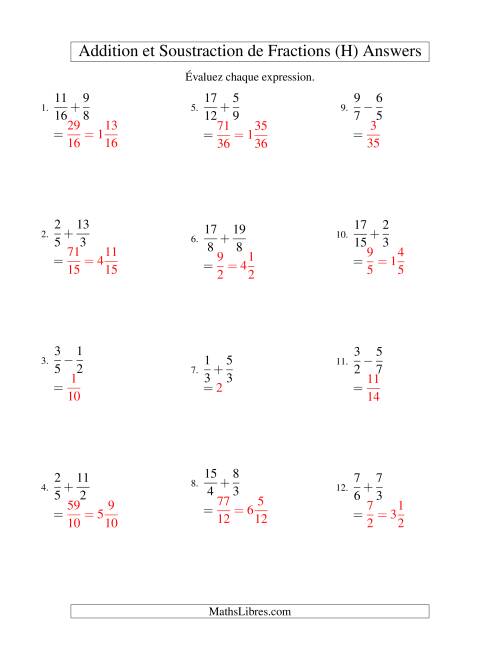 Addition et Soustraction de Fractions (H) page 2