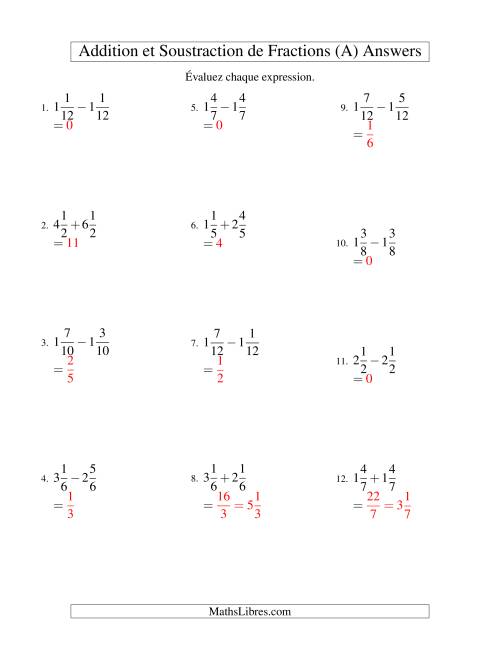 Addition et Soustraction de Fractions Mixtes avec Dénominateurs Communs (A) page 2