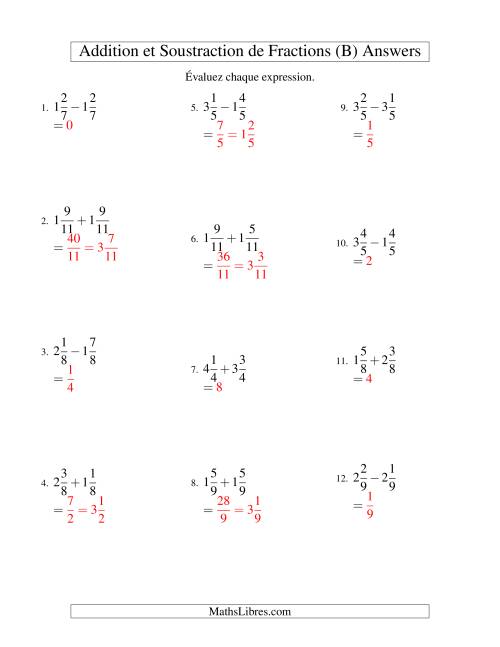 Addition et Soustraction de Fractions Mixtes avec Dénominateurs Communs (B) page 2