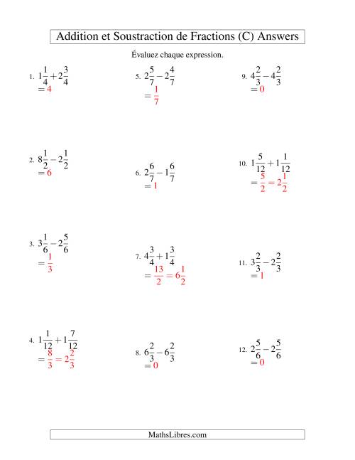 Addition et Soustraction de Fractions Mixtes avec Dénominateurs Communs (C) page 2