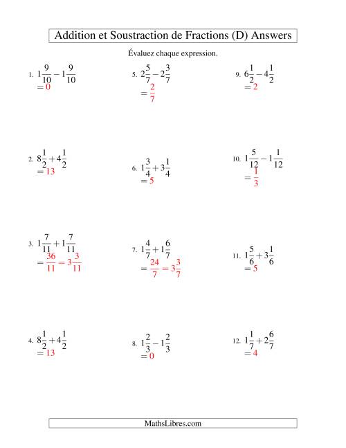 Addition et Soustraction de Fractions Mixtes avec Dénominateurs Communs (D) page 2