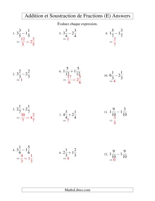 Addition et Soustraction de Fractions Mixtes avec Dénominateurs Communs (E) page 2