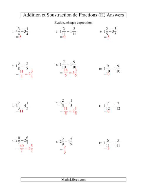Addition et Soustraction de Fractions Mixtes avec Dénominateurs Communs (H) page 2