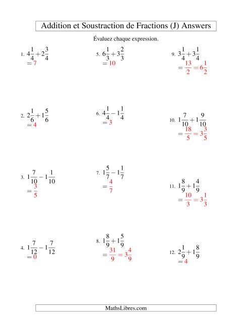 Addition et Soustraction de Fractions Mixtes avec Dénominateurs Communs (J) page 2
