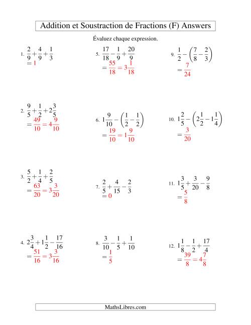 Addition et Soustraction de Trois Fractions (F) page 2