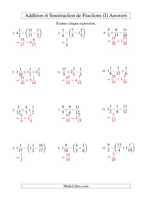 Addition et Soustraction de Trois Fractions (I) page 2